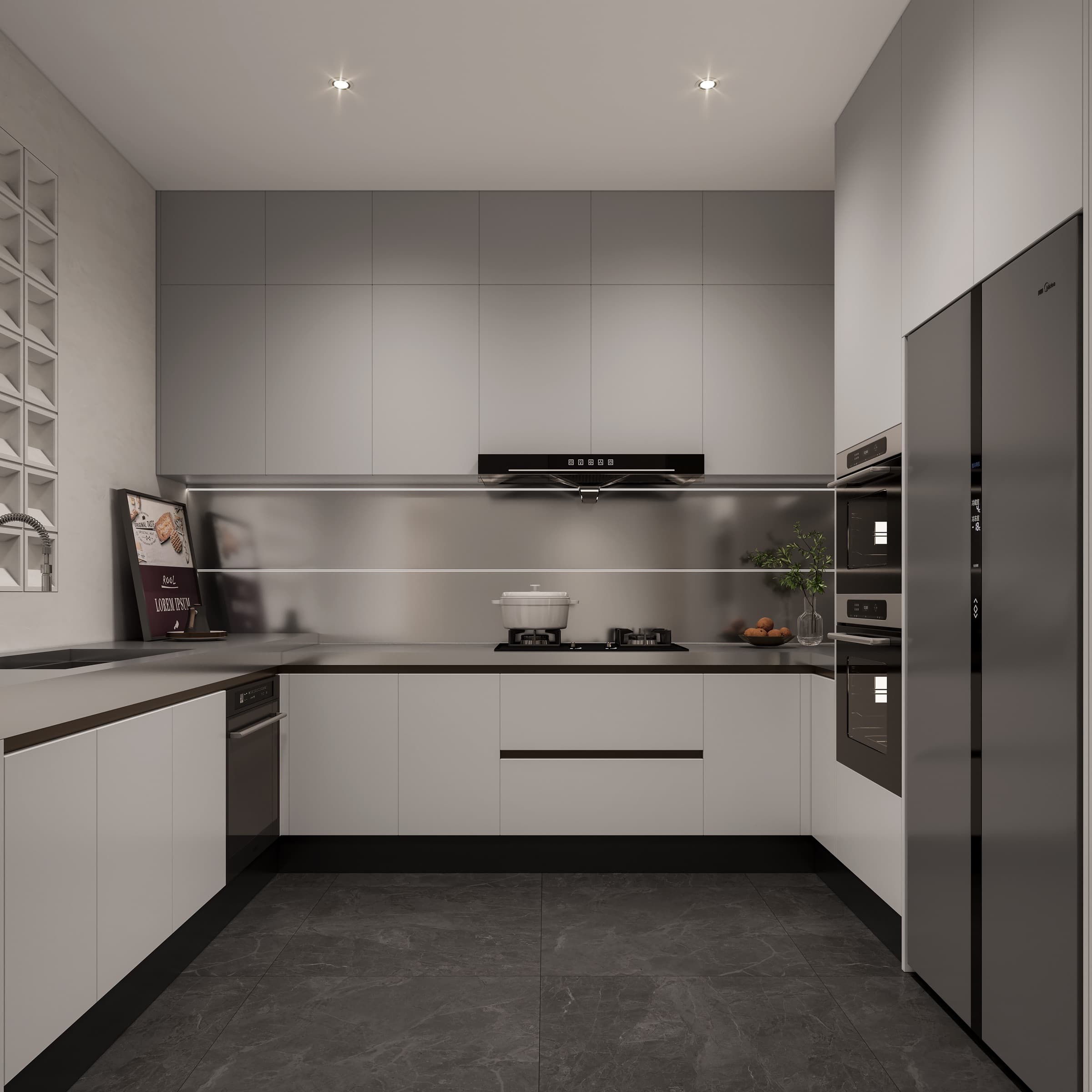 Bangkok showroom kitchen with soft grey tones and sculpted cabinetry