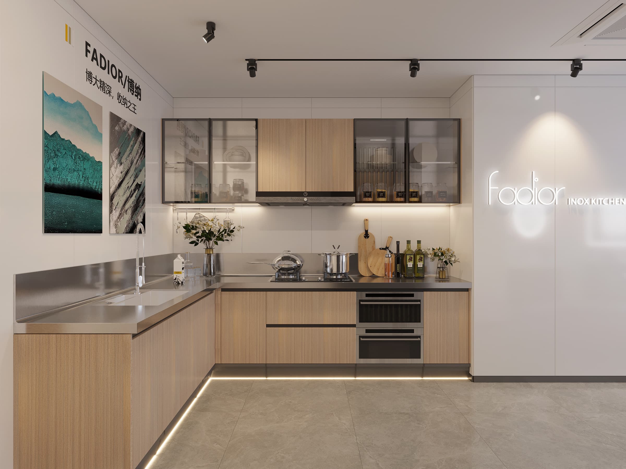 Hong Kong showroom composition with a compact stainless steel kitchen