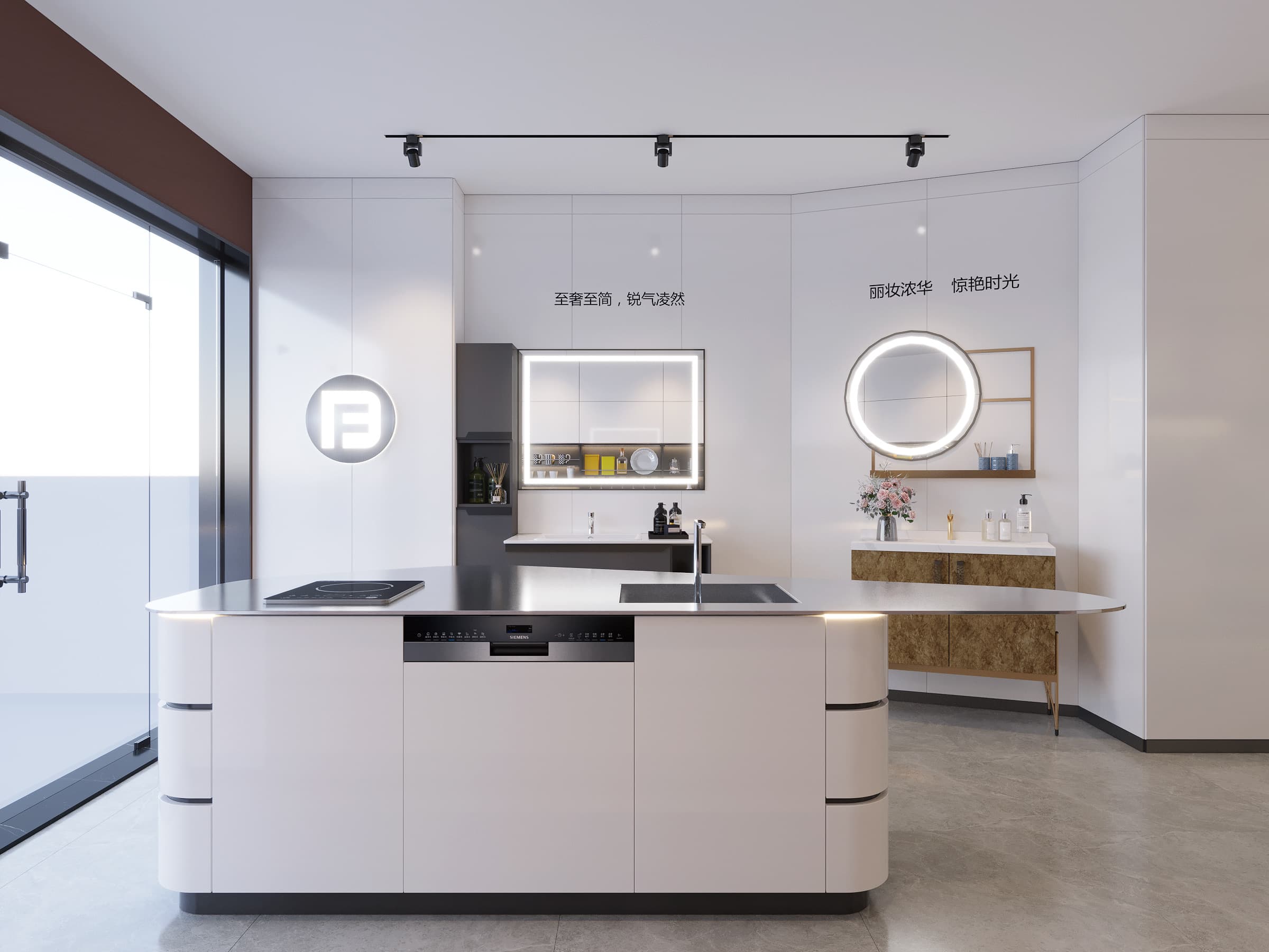 Hong Kong showroom kitchen with compact island and bright cabinetry composition