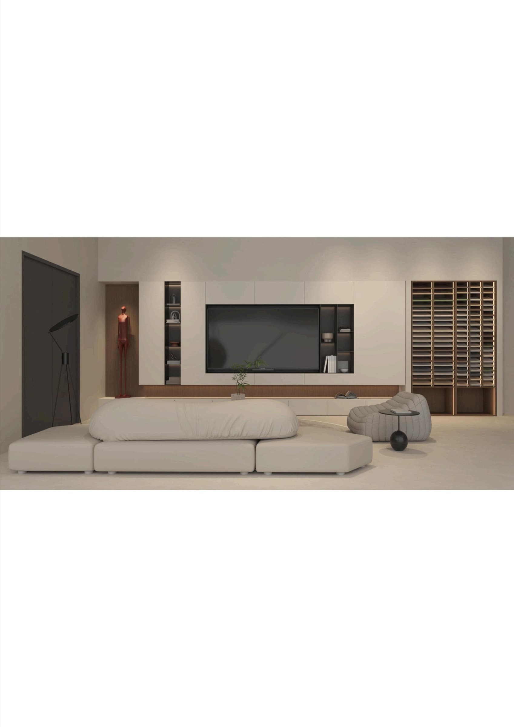 Kuala Lumpur living area with integrated wall system and warm neutral palette