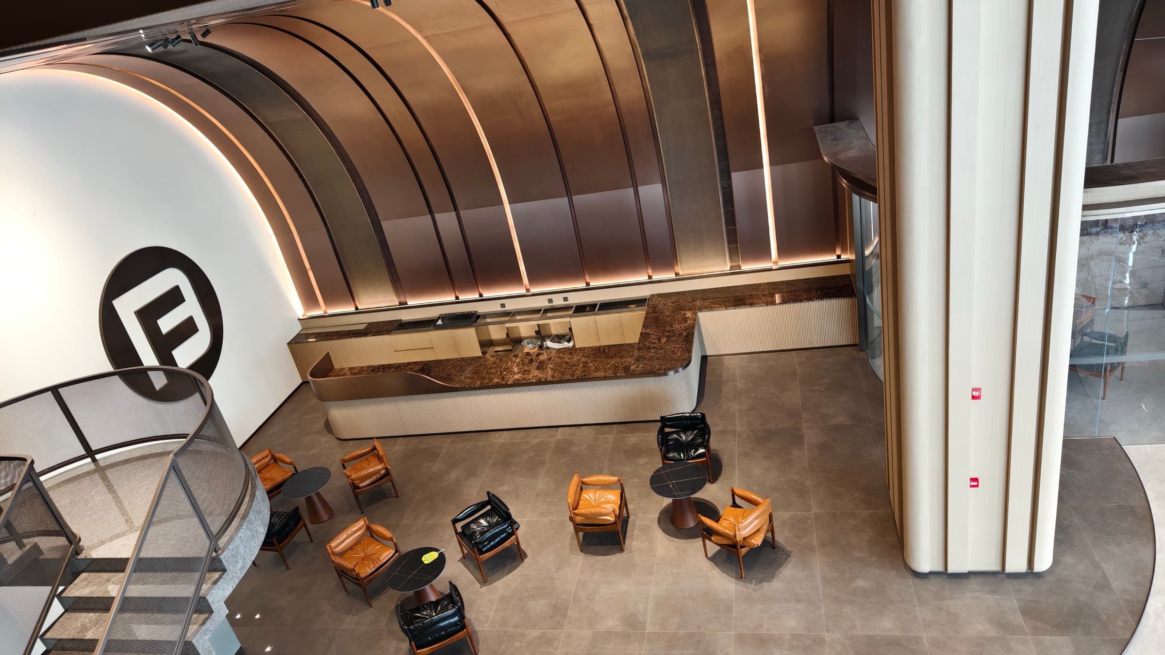 Layered showroom perspective with reflective materials and soft shadows.