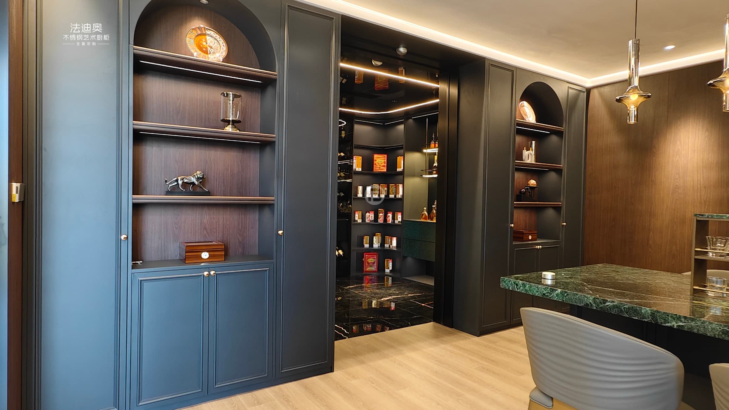 Long view into a refined showroom sequence with display islands.