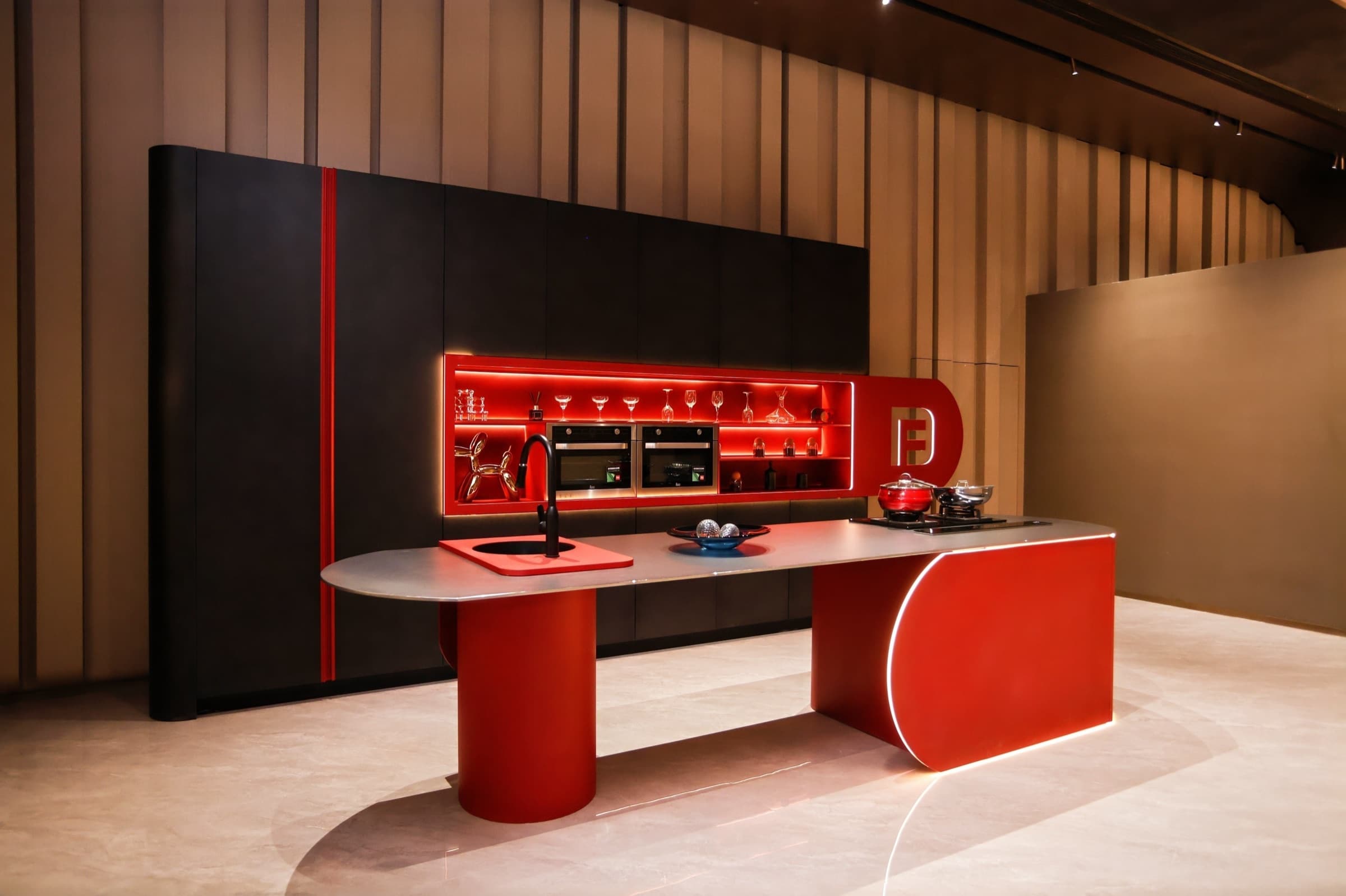 Close framing of integrated cabinetry and countertop junctions.