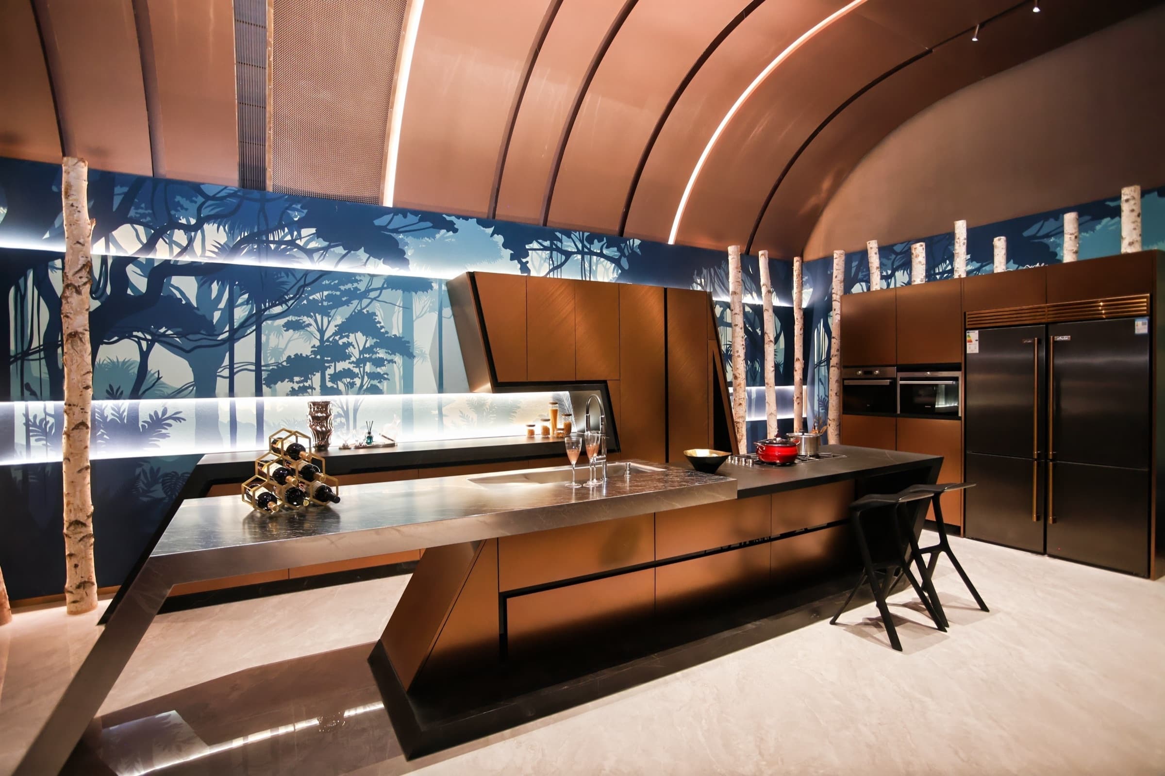 Wide editorial photograph of a premium showroom interior.