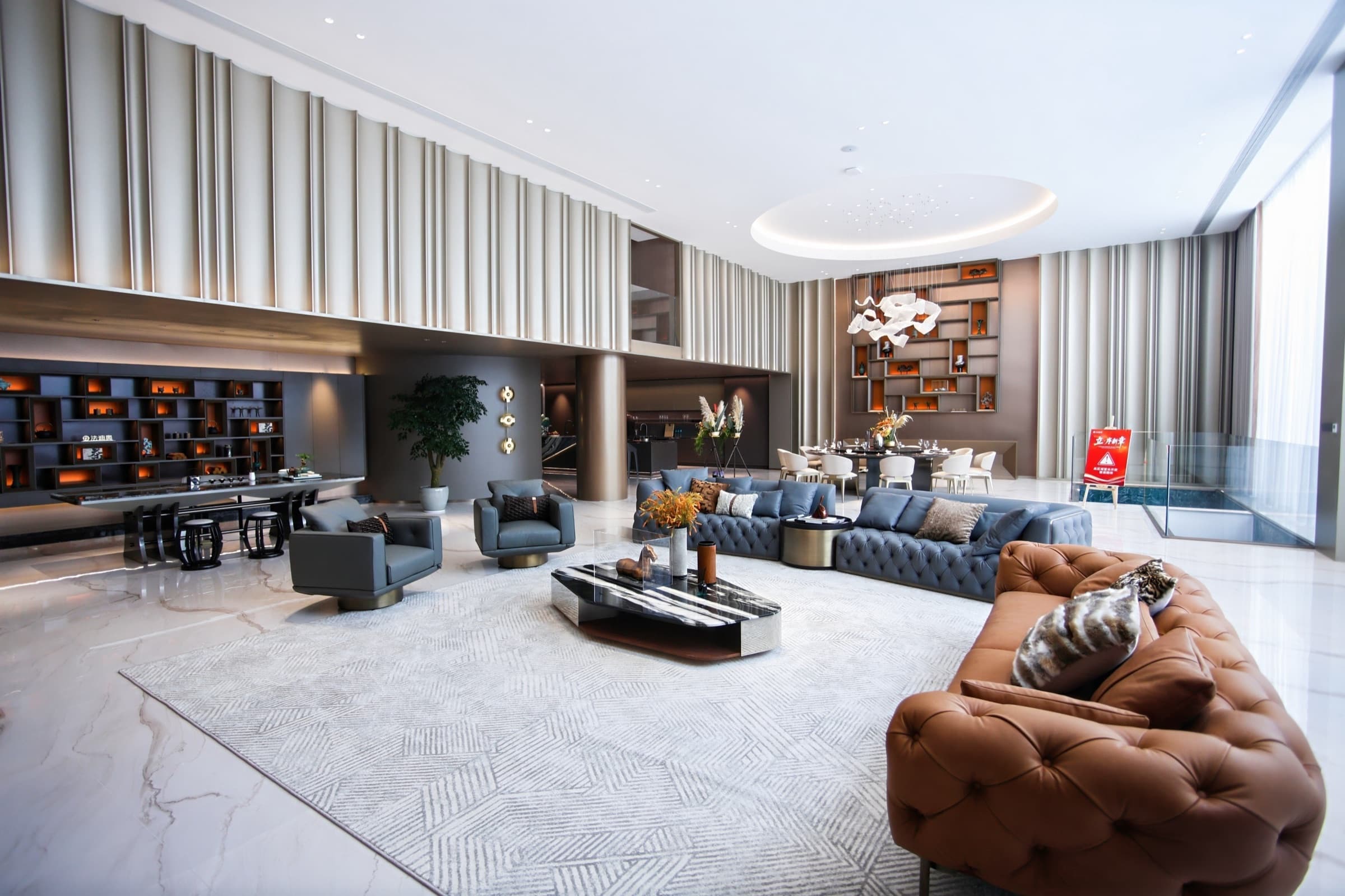 Cabinet hardware and surface transition detail in the showroom.