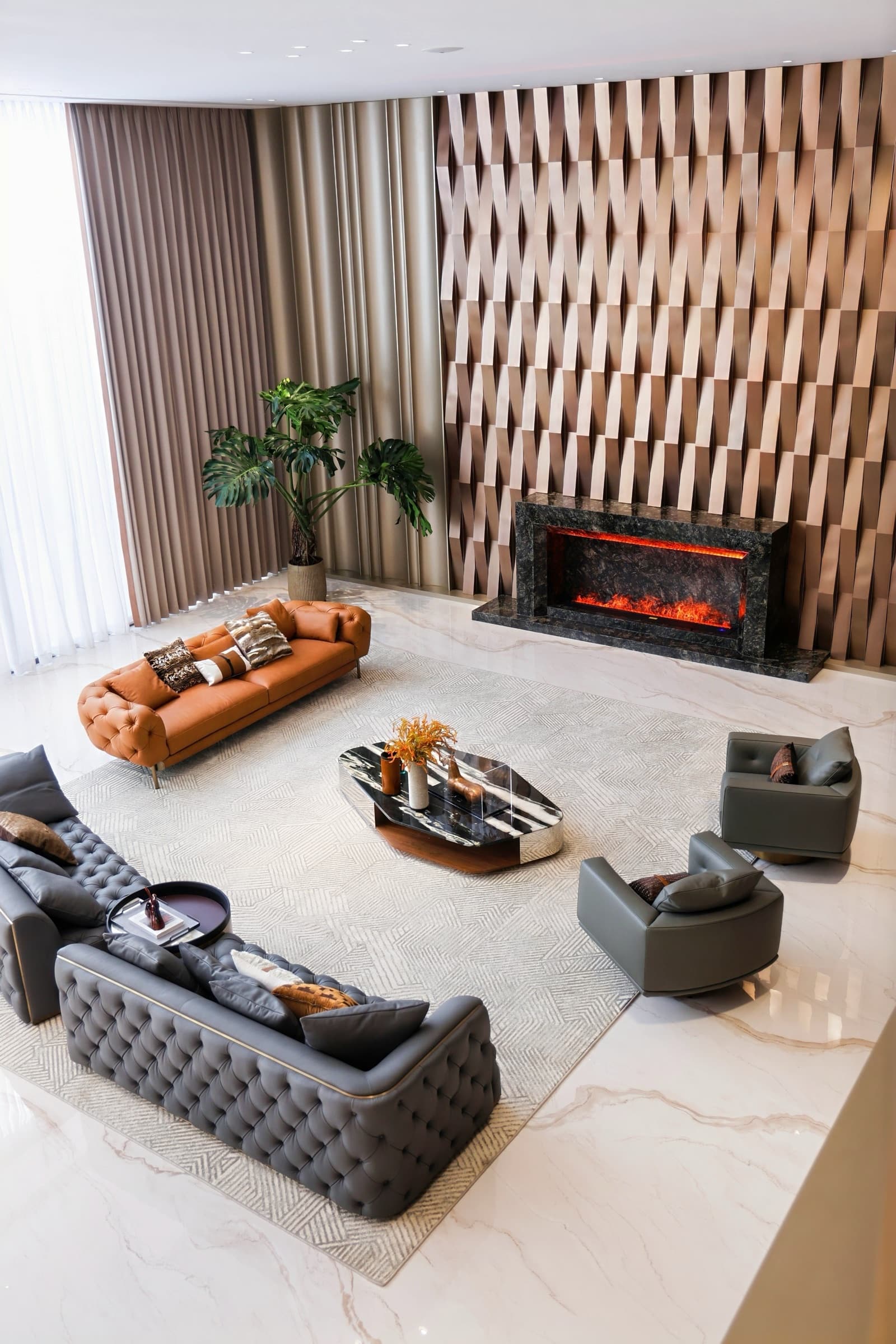 Dressing-area composition with layered cabinetry and display zones.