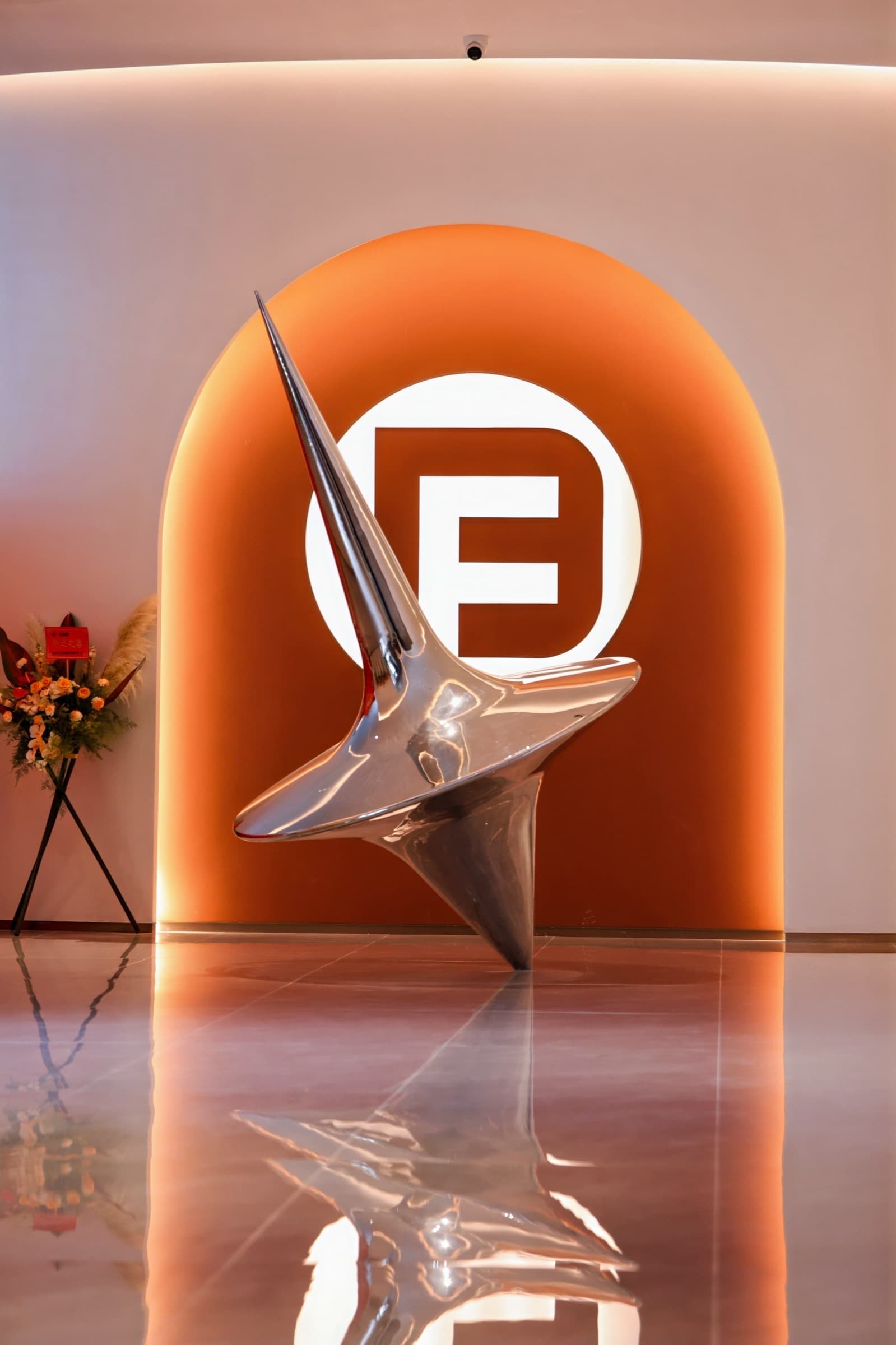 Wide residential showroom composition with tailored storage walls.