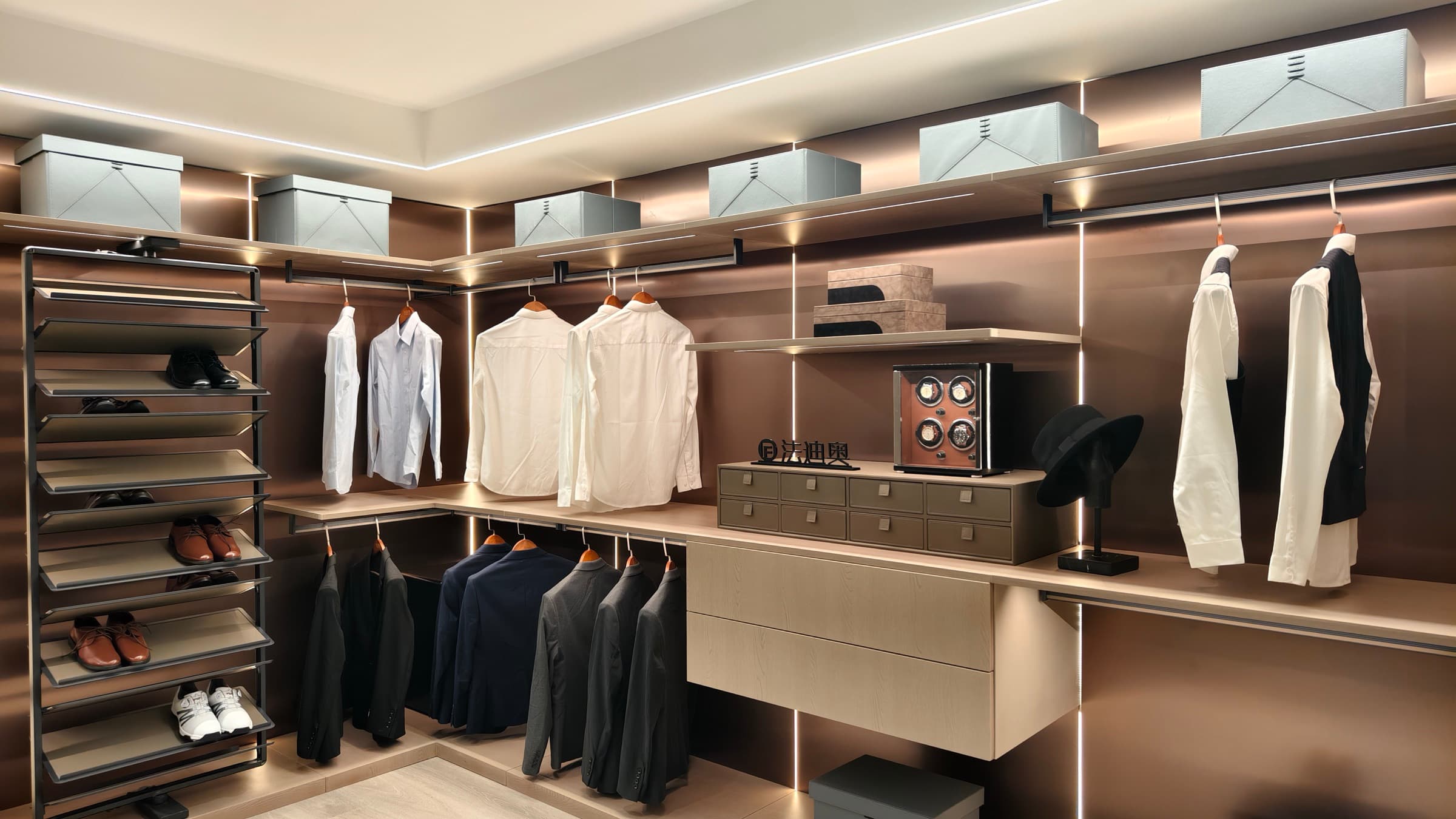 Refined vanity composition with integrated storage and mirror zone.