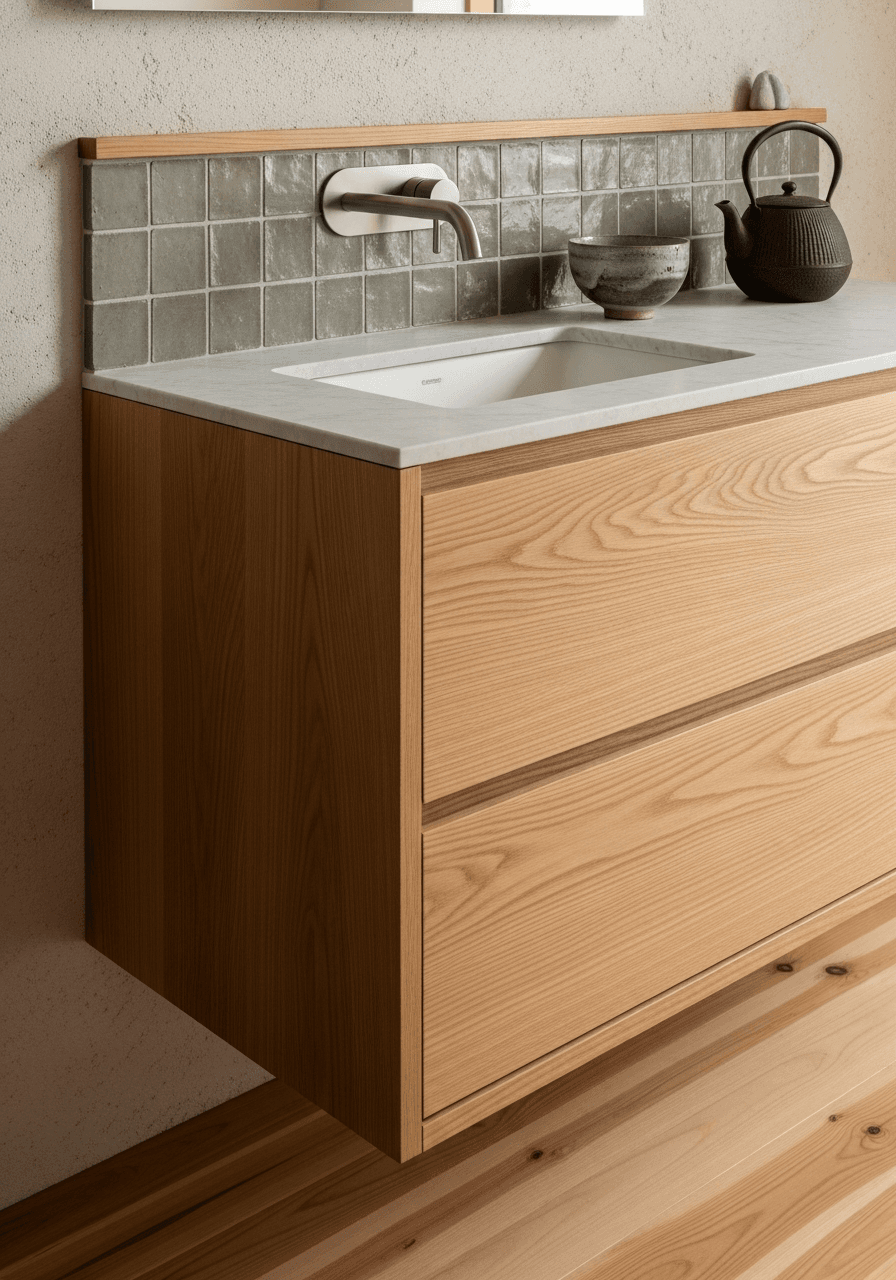 Quiet Japandi oak vanity detail view