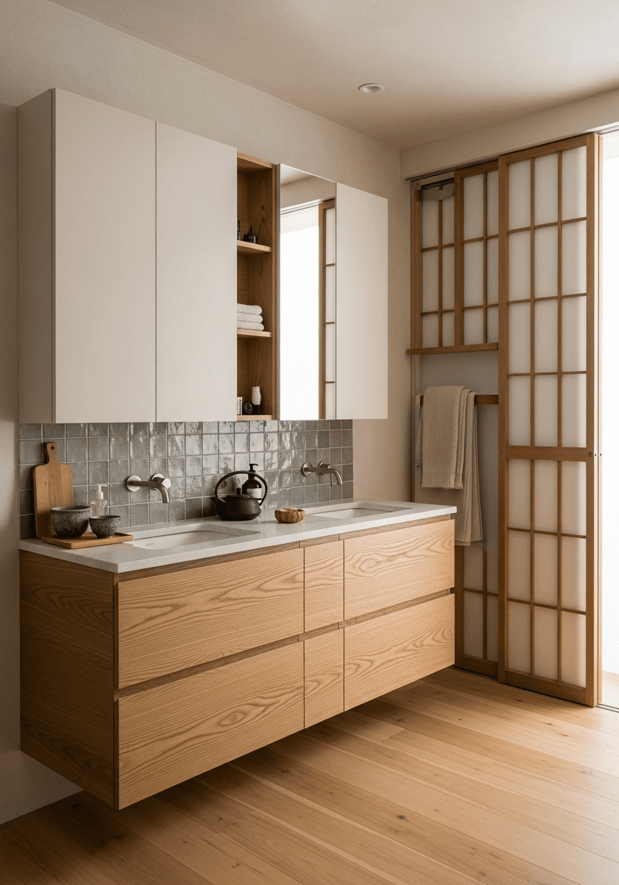 Bathroom vanity cabinet in quiet Japandi oak