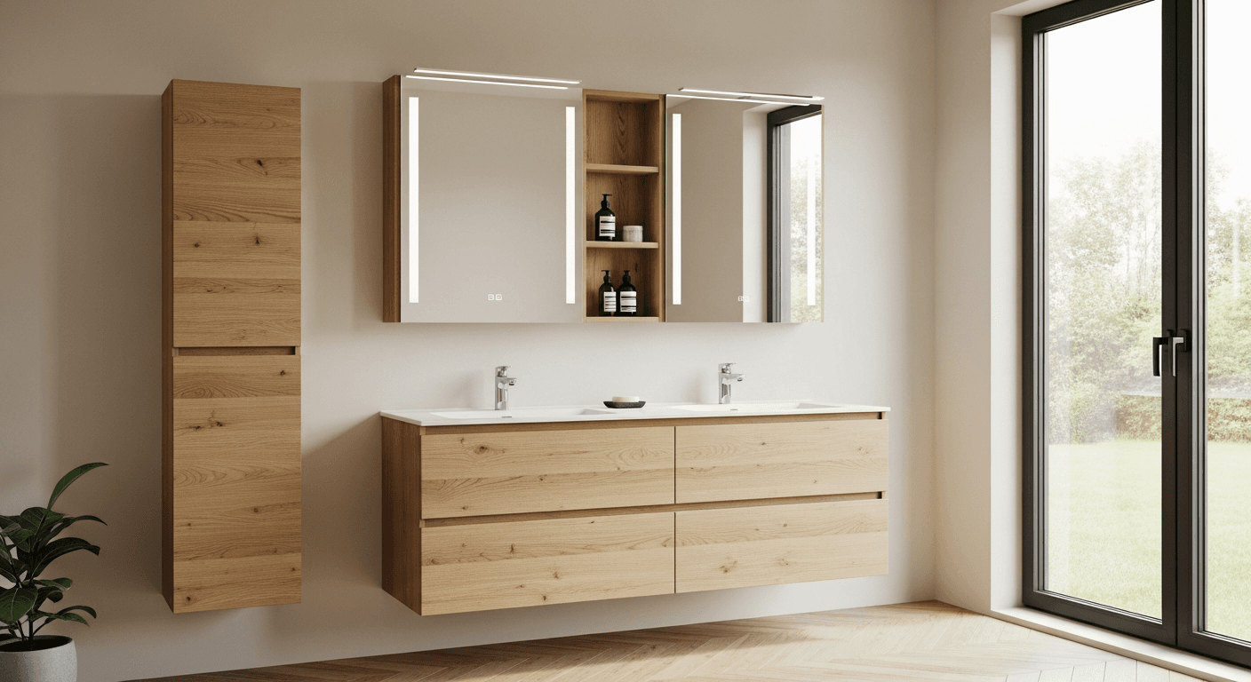 Quiet Japandi oak vanity lifestyle view