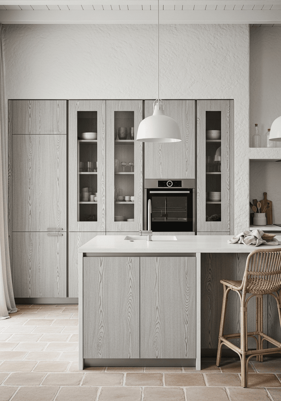 Modern stainless steel kitchen in coastal light linen finish