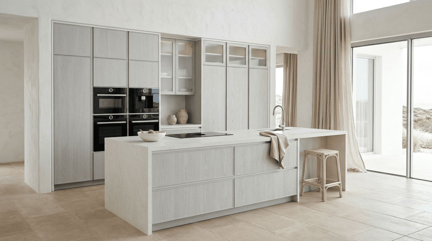 Coastal light linen kitchen lifestyle view