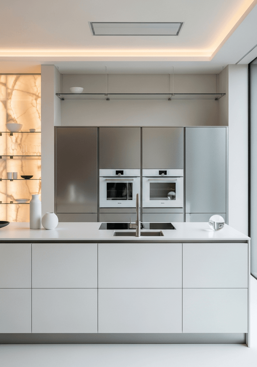 Editorial kitchen in futuristic pearl white finish