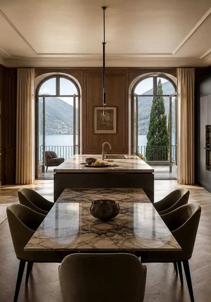 Castello — The villa kitchen, oak and stone.