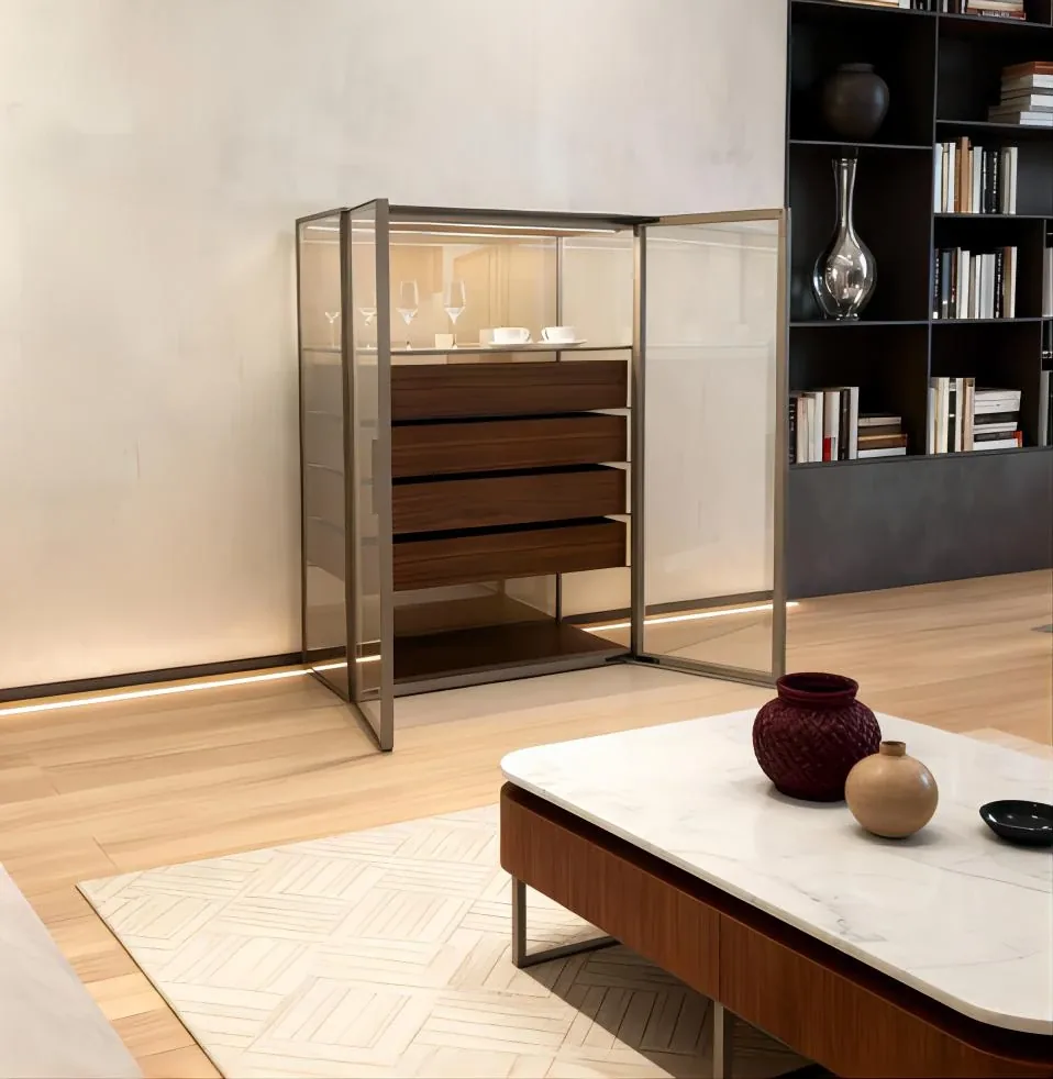Floating Four-Drawer Wood Veneer Cabinet