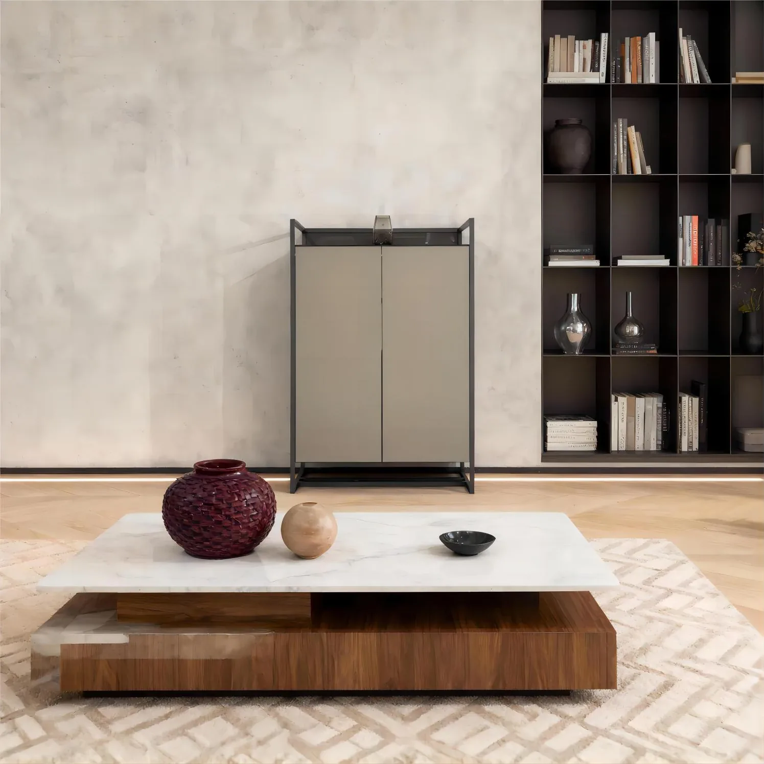 Walnut Veneer Tempered Glass Storage Cabinet