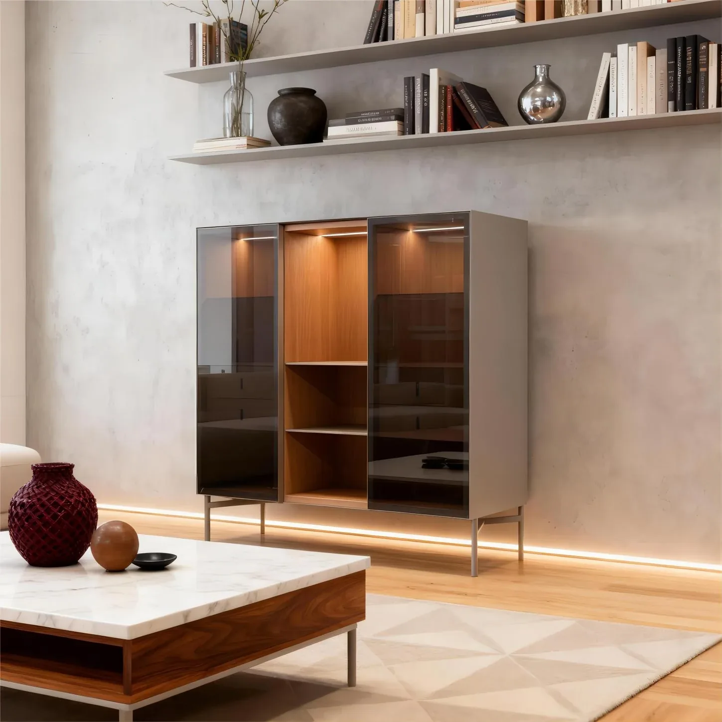Walnut Veneer Storage Cabinet with LED Lighting