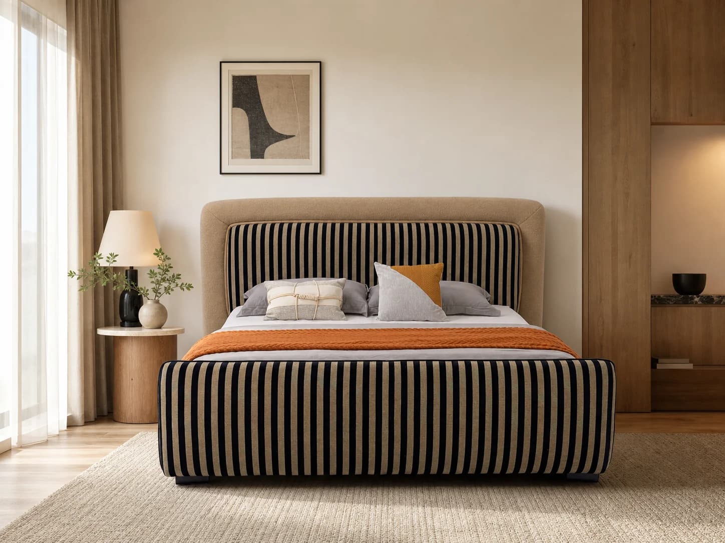 Bolster-Framed Channel-Tufted Fabric Bed