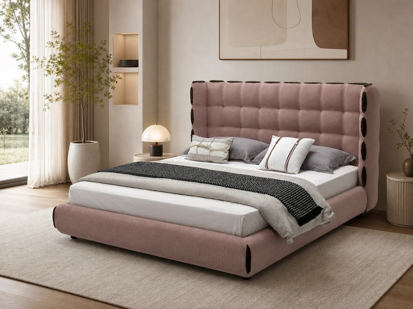 Grid-Tufted Fabric Upholstered Bed