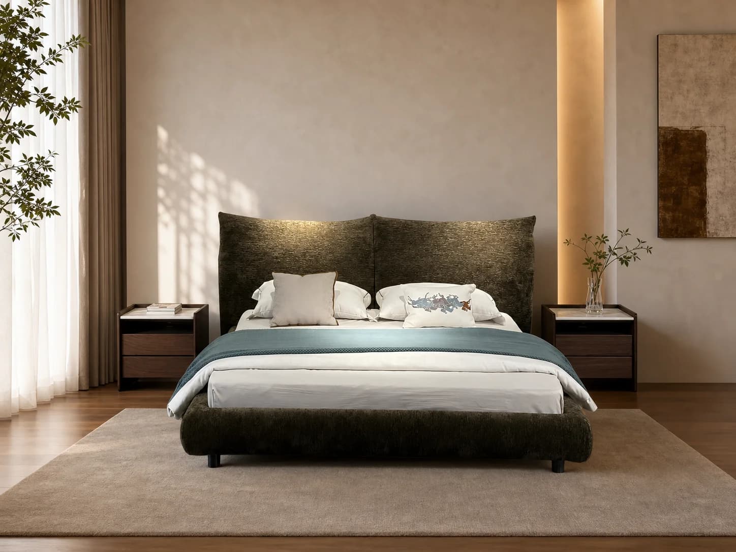 Twin-Cushion Fabric Upholstered Bed