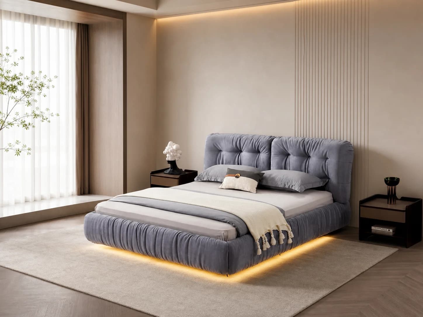 Backlit Grid-Tufted Fabric Upholstered Bed