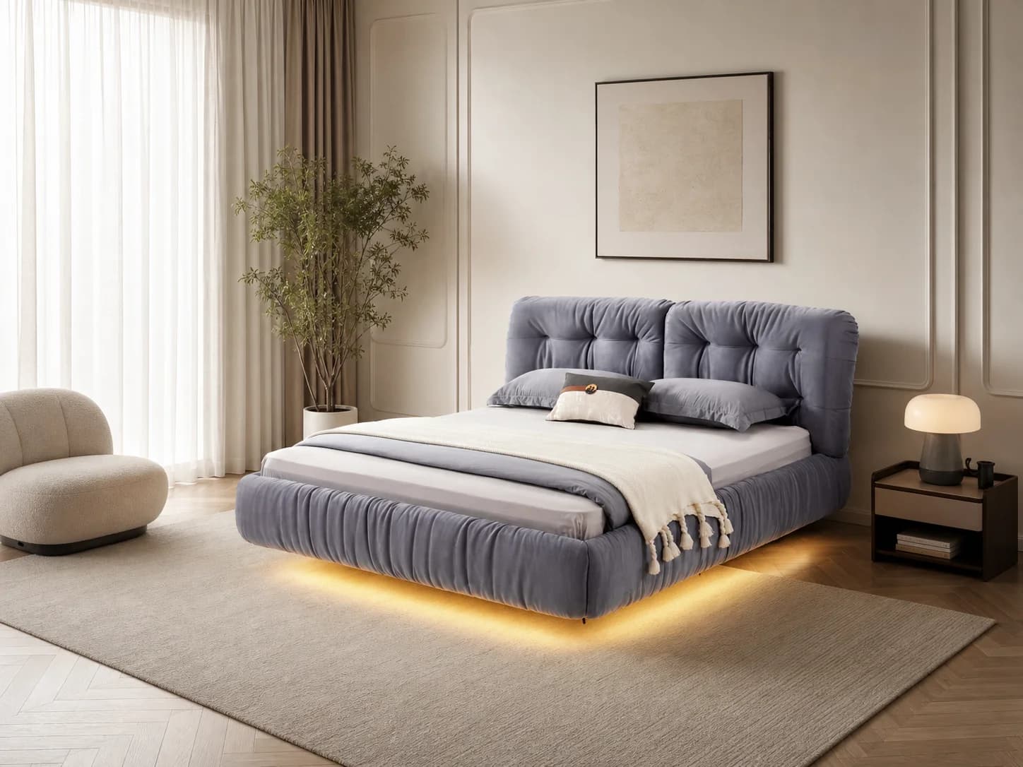 Backlit Grid-Tufted Upholstered Bed