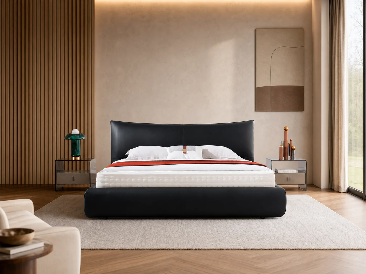 Curved Wingback Leather Upholstered Bed