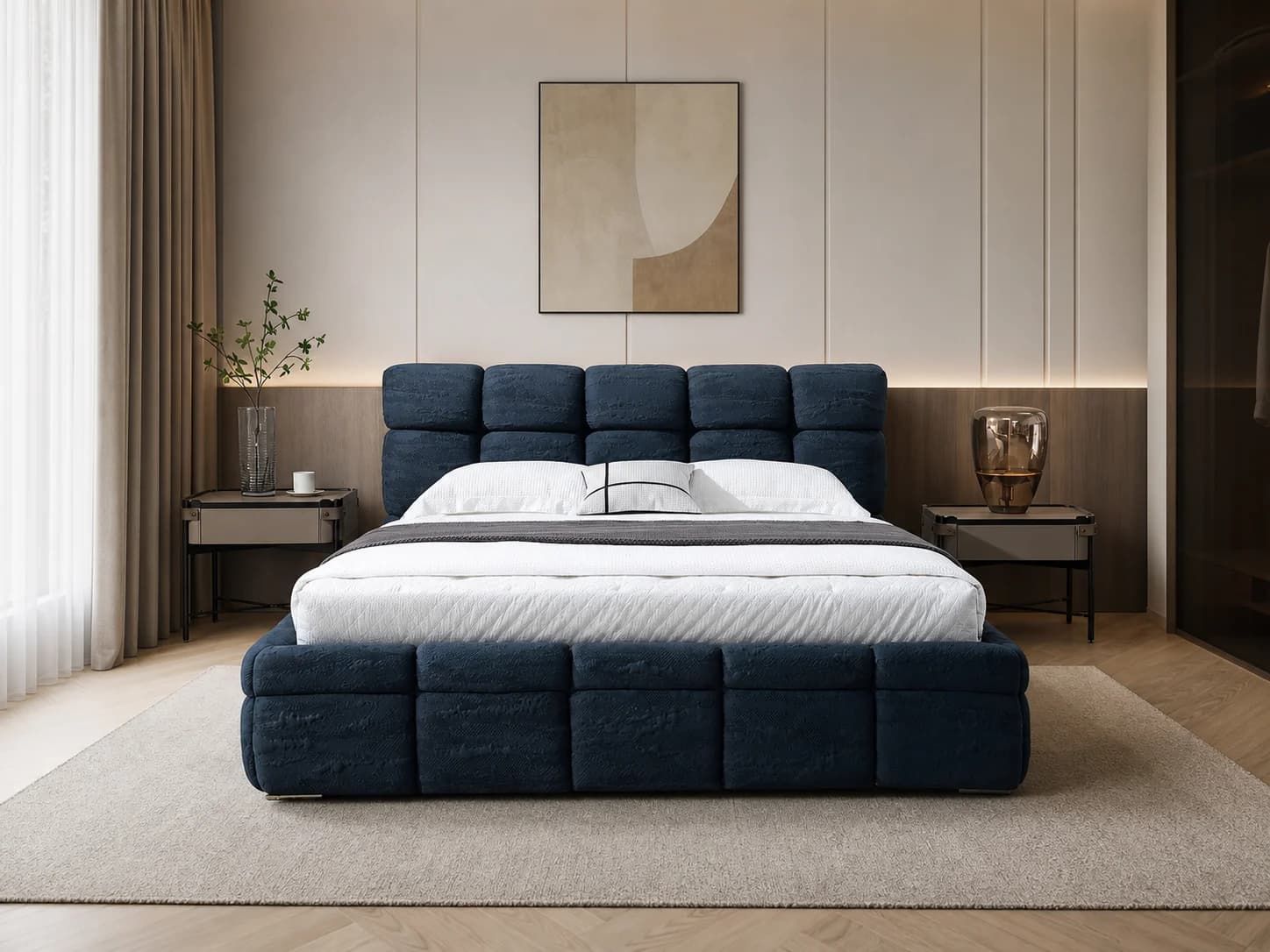 Cushion-Block Leather Upholstered Bed
