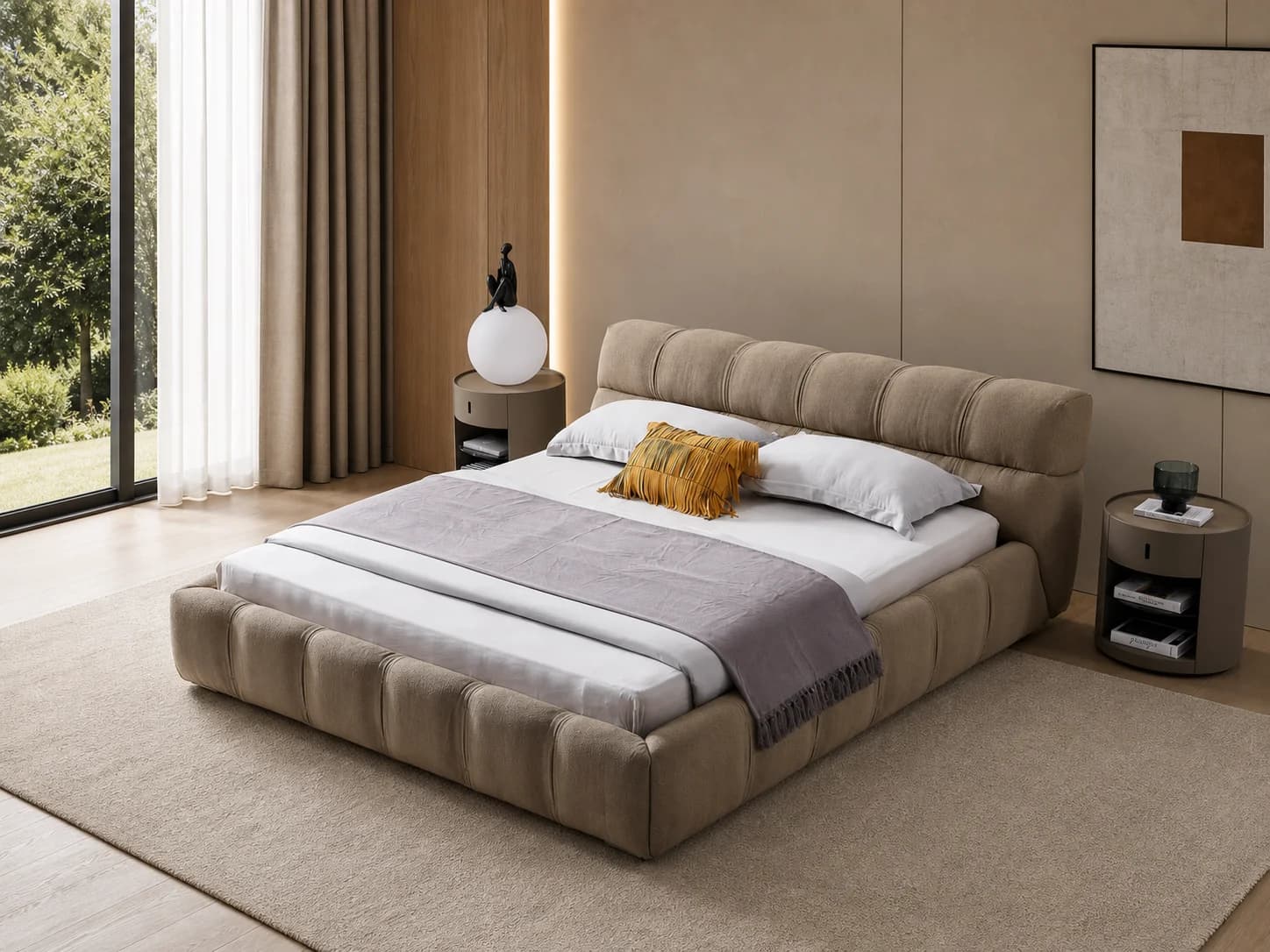 Channel-Tufted Fabric Platform Bed