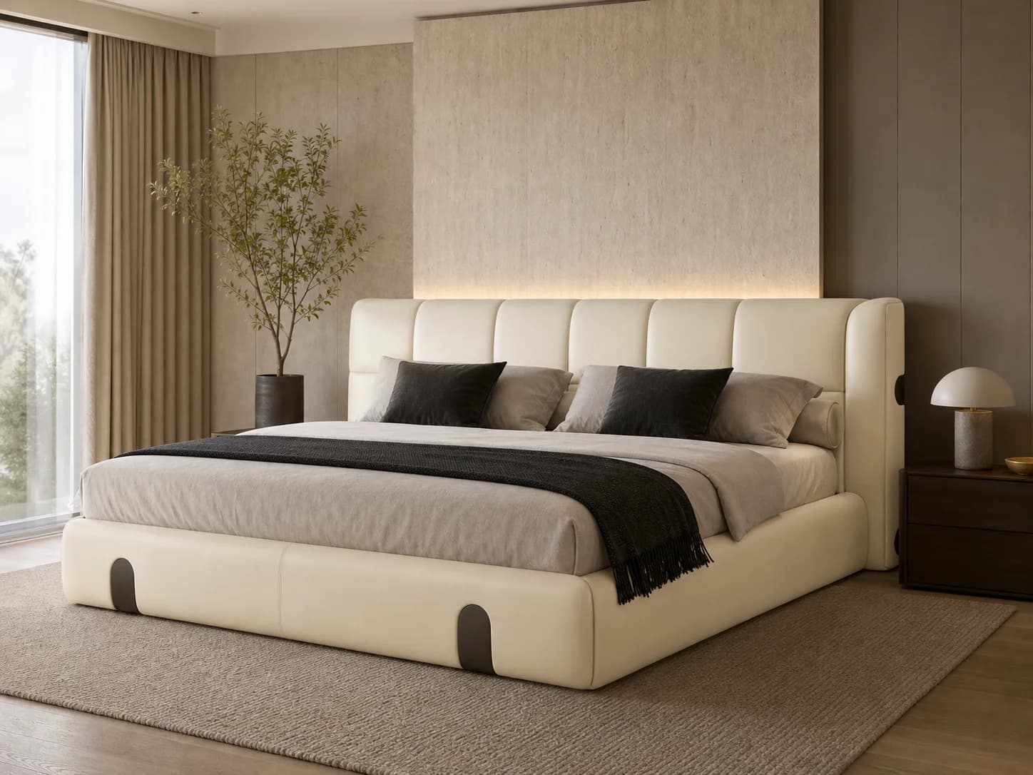 Ribbed-Panel Fabric Upholstered Bed