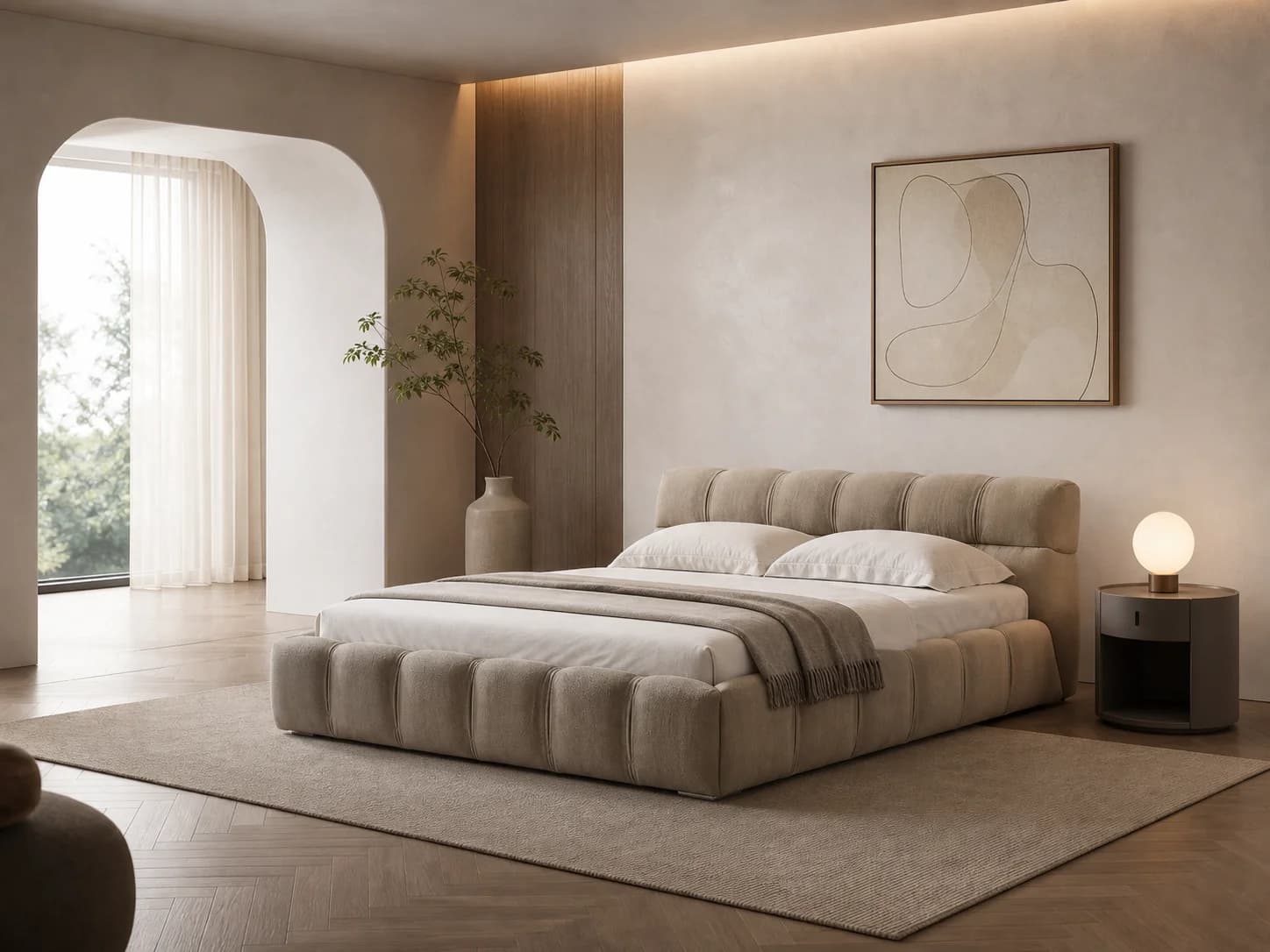 Channel-Tufted Leather Platform Bed