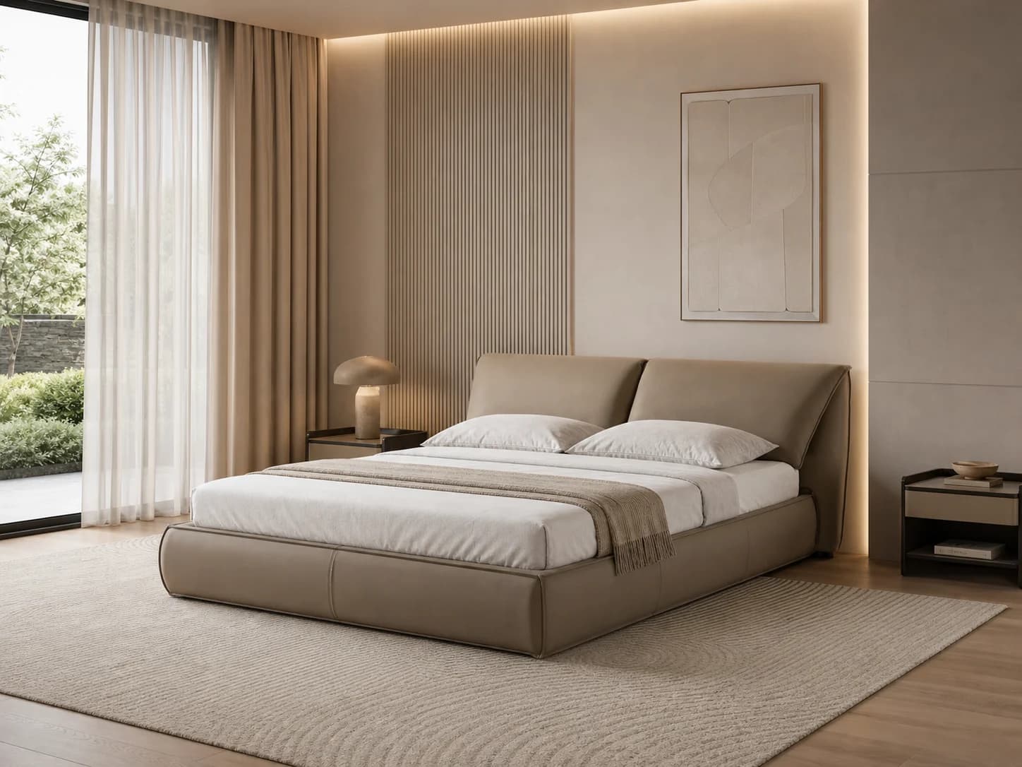 Scrolled Leather Upholstered Bed