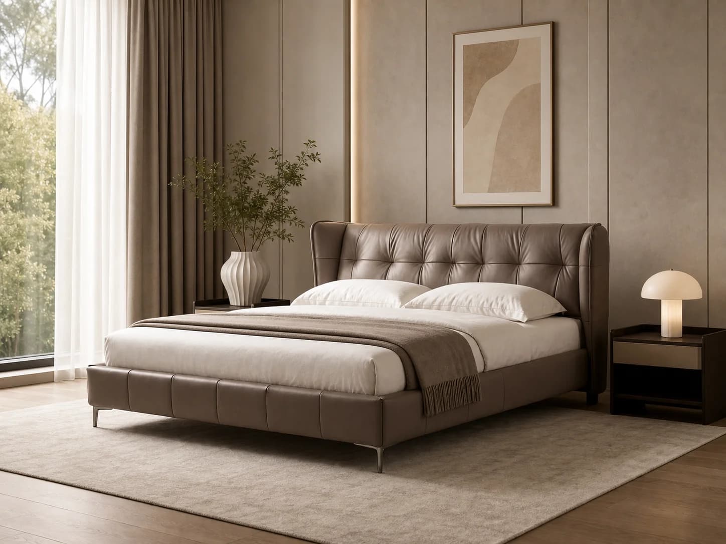 Grid-Tufted Wingback Leather Bed