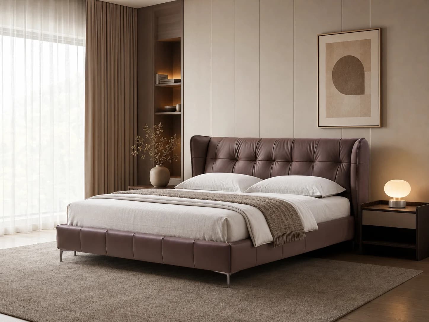 Grid-Tufted Wingback Leather Platform Bed