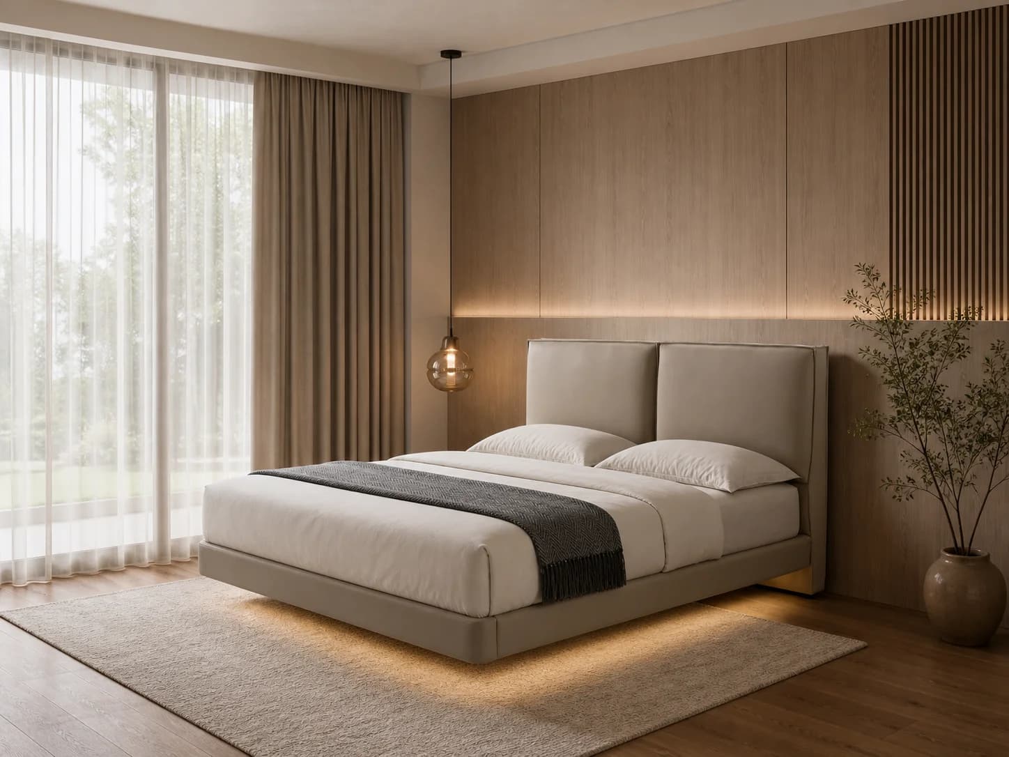 Backlit Twin-Panel Leather Upholstered Bed