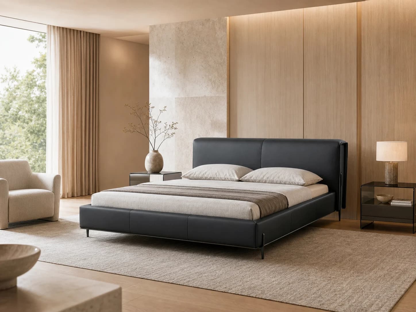 Floating-Base Leather Upholstered Bed