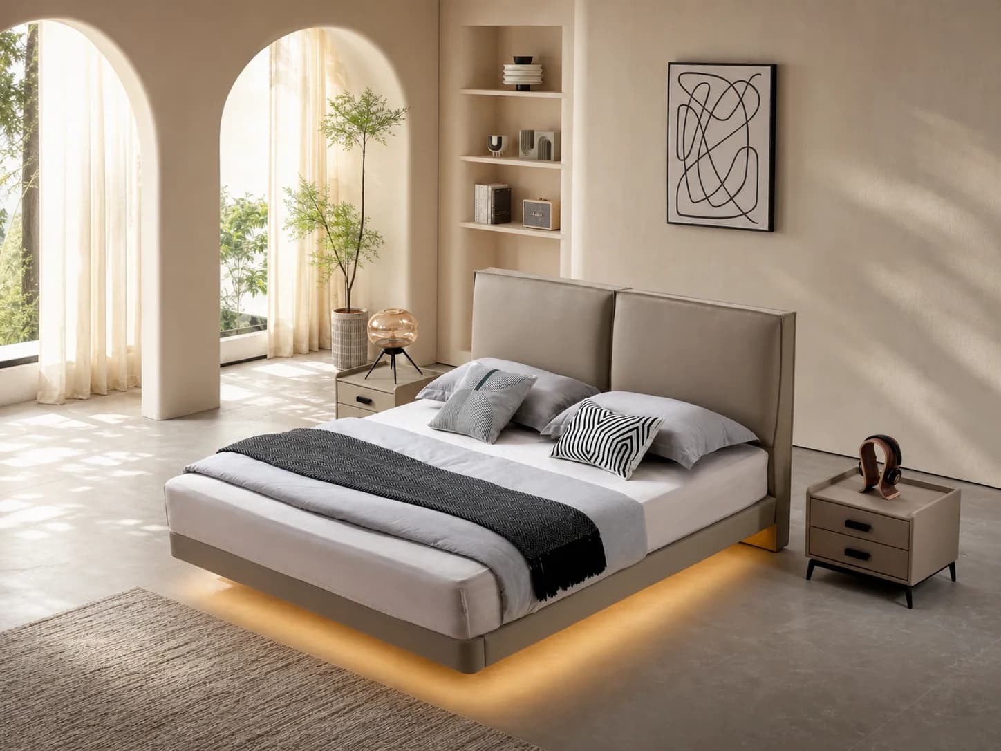 Backlit Panel Bed in Fabric or Leather