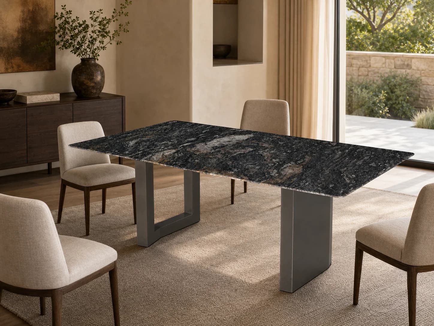 Marble-Top Brushed Stainless Steel Dining Table