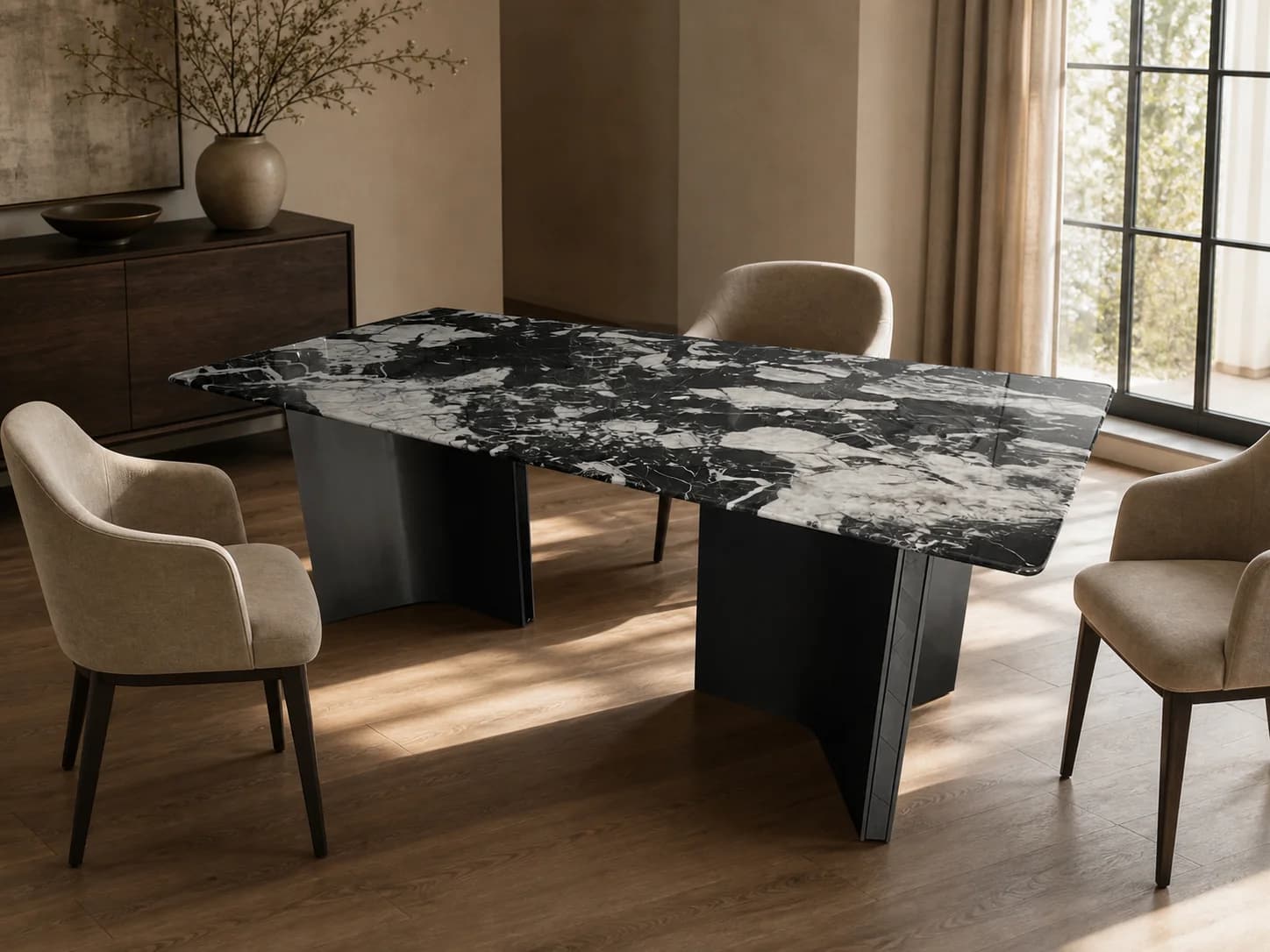 Black Marble 304 Stainless Steel Dining Table in a warm contemporary dining room