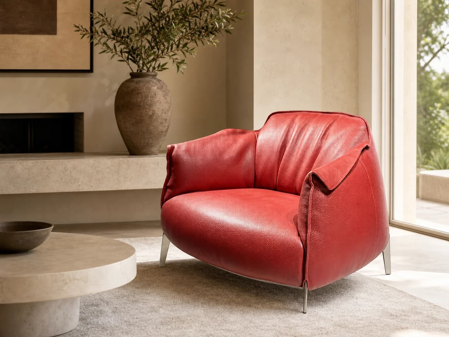 Down-Filled Genuine Leather Lounge Chair