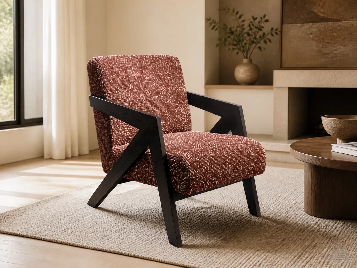 Ash Wood Frame Fabric Lounge Chair in a warm contemporary living space