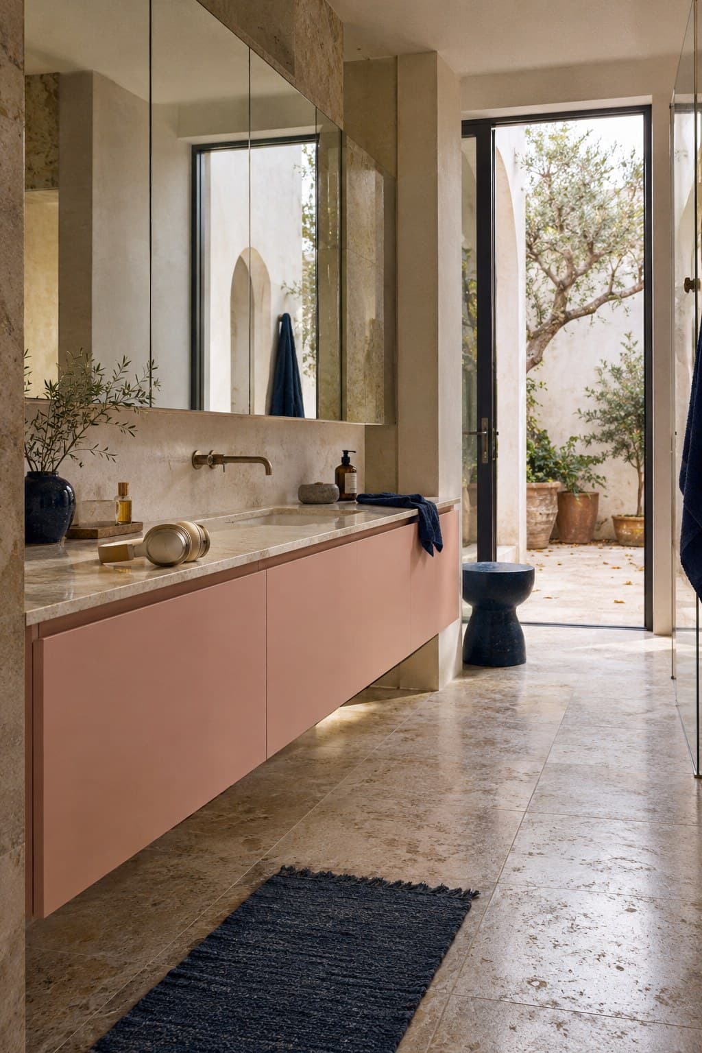 Alcove bathroom with a floating cherry blossom pink powder-coated 304 stainless steel vanity, concealed storage and a mirror cabinet, opening onto a courtyard