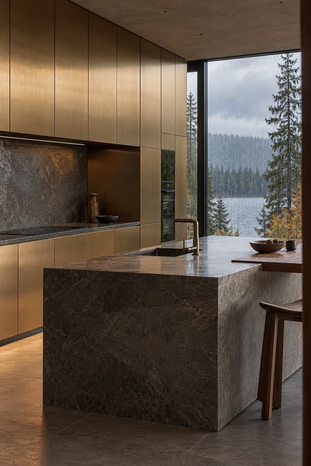 Dream Home kitchen with tea-gold PVD brushed 304 stainless steel cabinetry, a honed stone island and a walnut accent by a rainy lake
