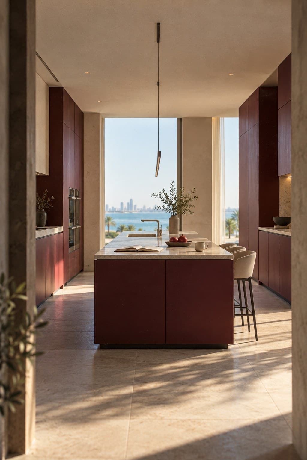 Meridian kitchen planned on a central axis, with burgundy powder-coated 304 stainless steel tall units on both sides and an island facing the sea