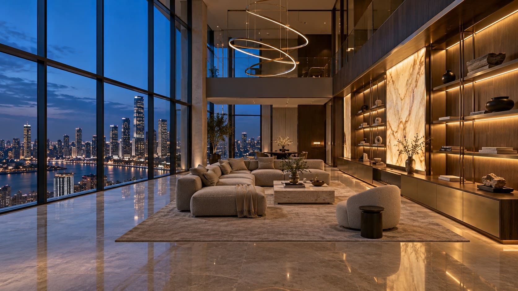 Fadior Editorial — double-height city penthouse living room at dusk with a long walnut and champagne-bronze media and display cabinet wall