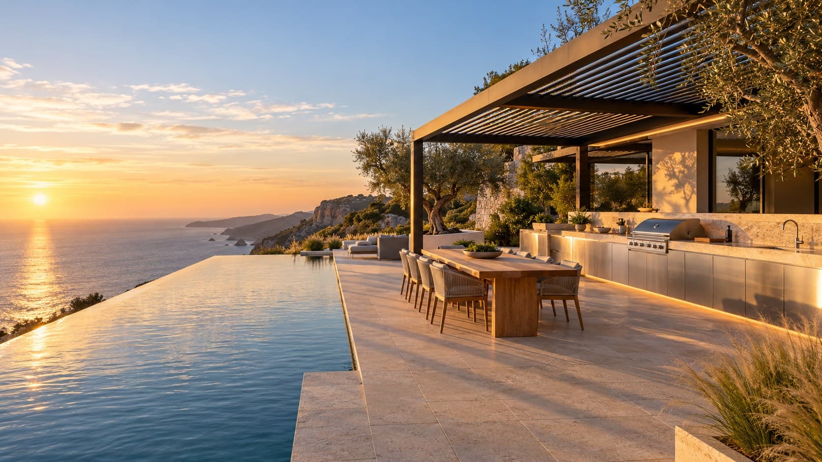 Fadior Editorial — clifftop terrace outdoor kitchen in brushed 304 stainless steel with a limestone worktop, beside an infinity pool above the sea at sunset