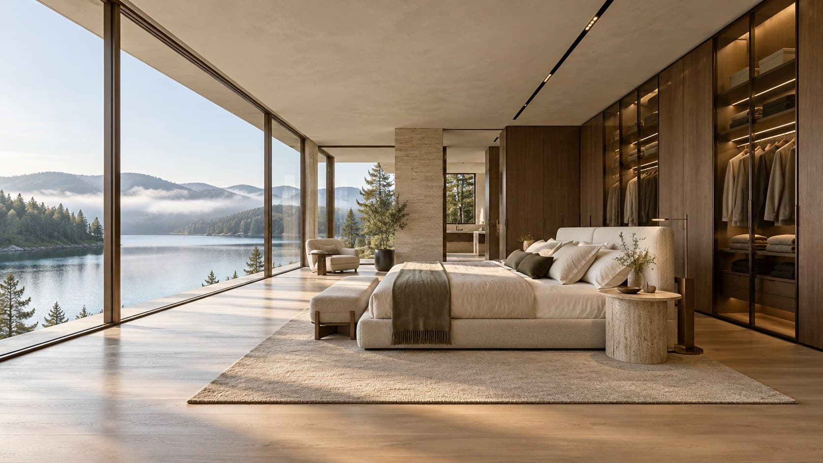 Fadior Editorial — lakeside master bedroom with a full-height walk-in wardrobe in smoked oak and bronze-framed glass, overlooking a misty lake