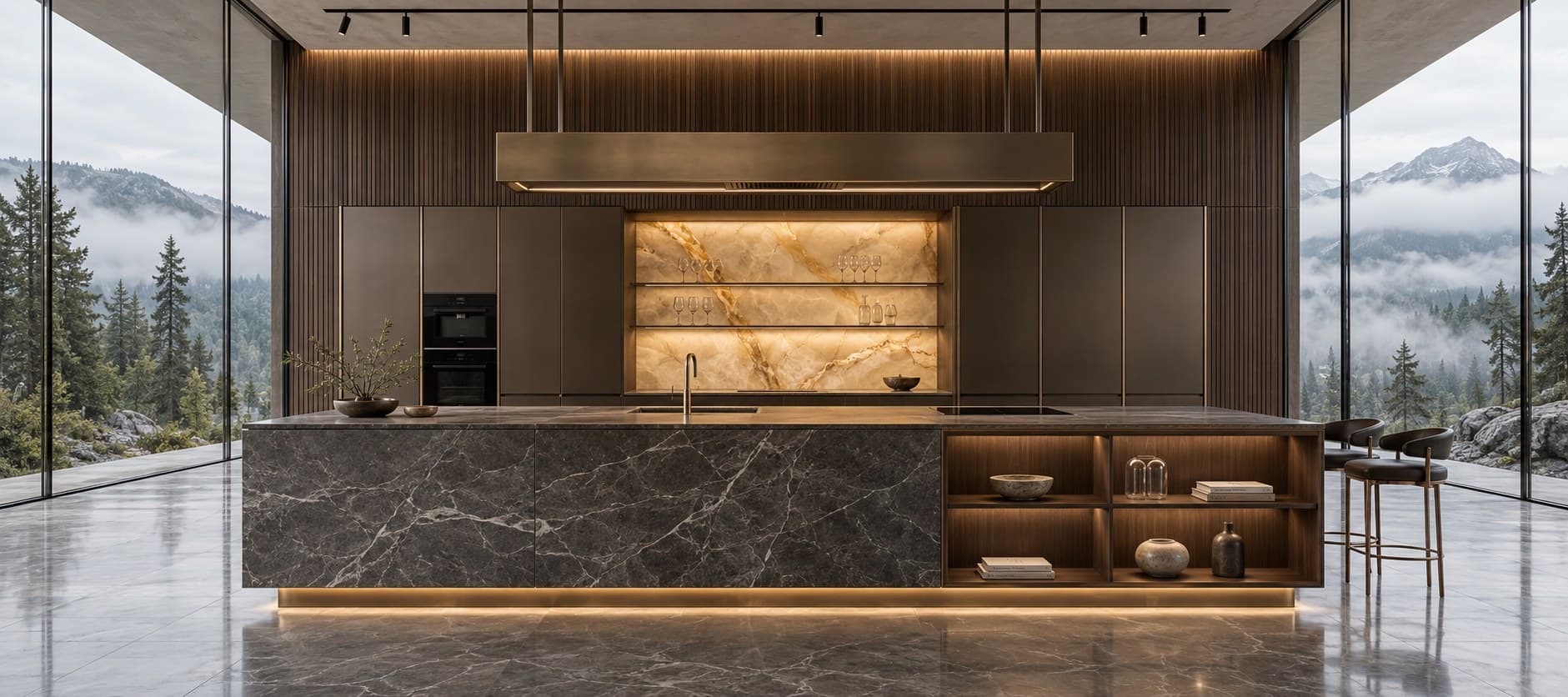 Fadior Editorial — luxury contemporary kitchen with a dark marble island, backlit onyx niche and bronze-toned hood, framed by misty mountain forest