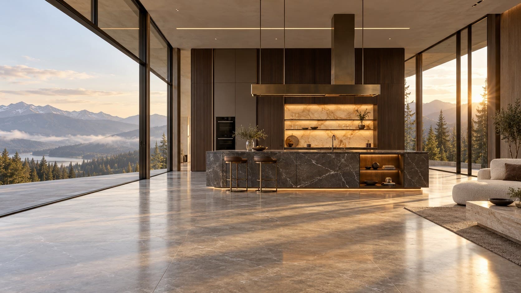 Fadior Editorial — luxury contemporary kitchen with a dark marble island, backlit onyx niche and bronze-toned hood, framed by misty mountain forest